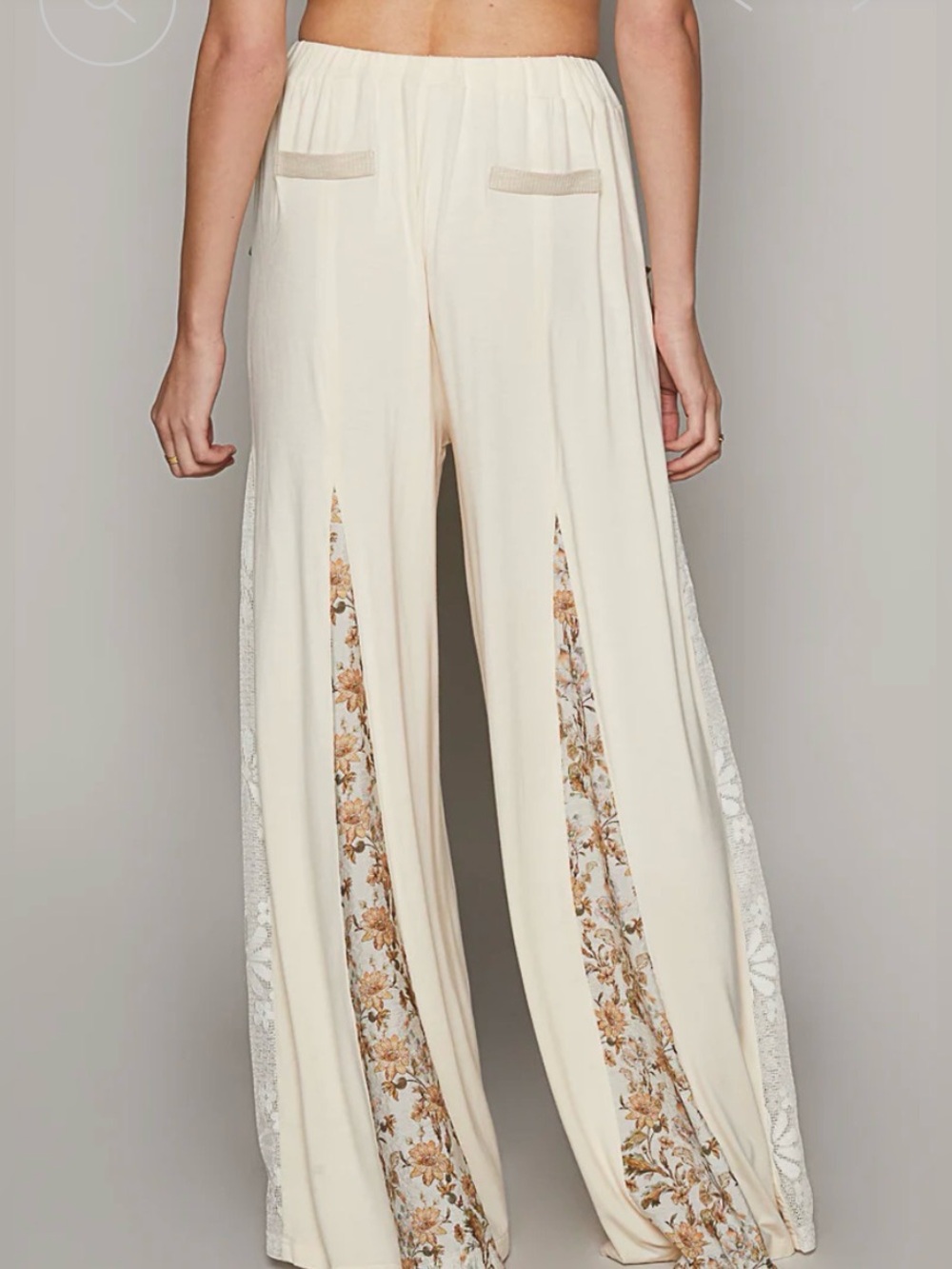 POL Size M Cream Lace Trim Boho Wide Leg Pants Elastic Waist Drawstring Bohemian - Picture 2 of 10